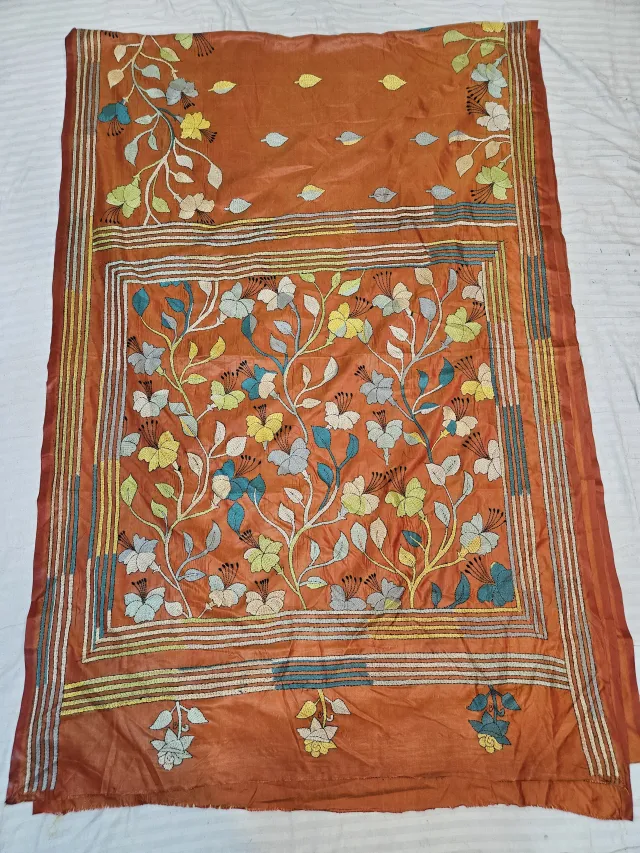 Rust Orange Hand Embroidered Blended Bangalore Silk Saree with Botanical Blossom Jaal Kantha Stitch Aanchal