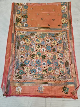 Peach Orange Hand Embroidered Blended Bangalore Silk Saree with All-Over Floral Rosette Jaal Kantha Stitch Aanchal