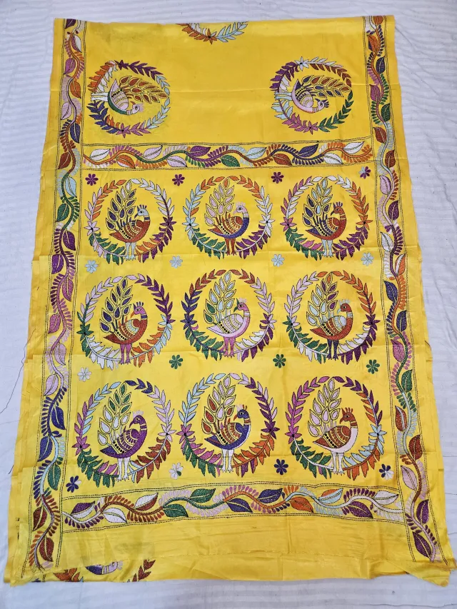 Sunshine Yellow Hand Embroidered Blended Bangalore Silk Saree with Peacock Wreath Mandala Kantha Stitch Aanchal