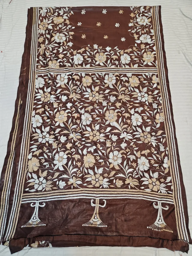 Coffee Brown Hand Embroidered Blended Bangalore Silk Saree with All-Over Floral Jaal Kantha Stitch Aanchal