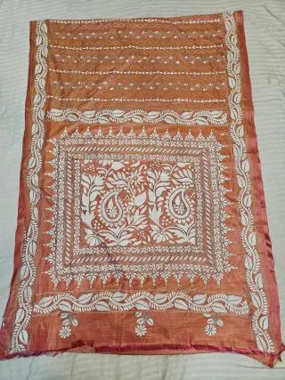 Peach Orange Hand Embroidered Blended Bangalore Silk Saree with Twin Paisley Kalka Kantha Stitch Aanchal