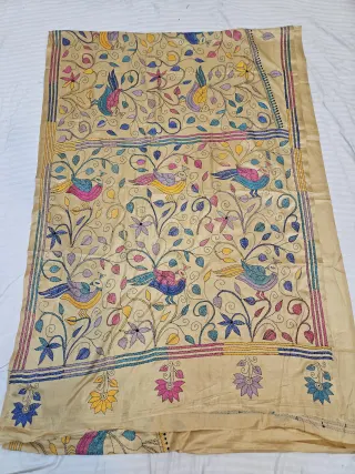 Golden Beige Hand Embroidered Blended Bangalore Silk Saree with Birds on Foliage Jaal Kantha Stitch Aanchal