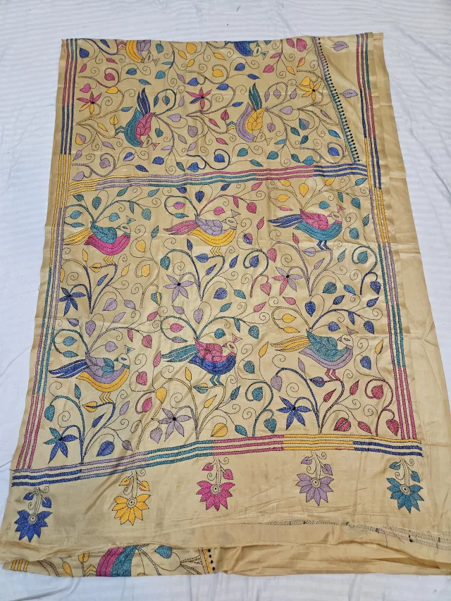 Golden Beige Hand Embroidered Blended Bangalore Silk Saree with Birds on Foliage Jaal Kantha Stitch Aanchal