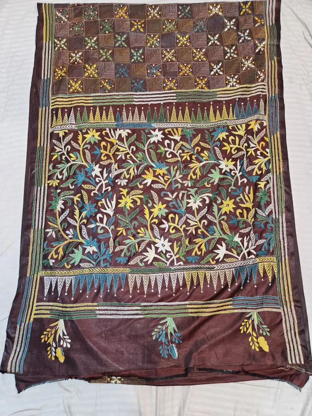 Coffee Brown Hand Embroidered Blended Bangalore Silk Saree with Floral Jaal & Checkerboard Kantha Stitch Aancha