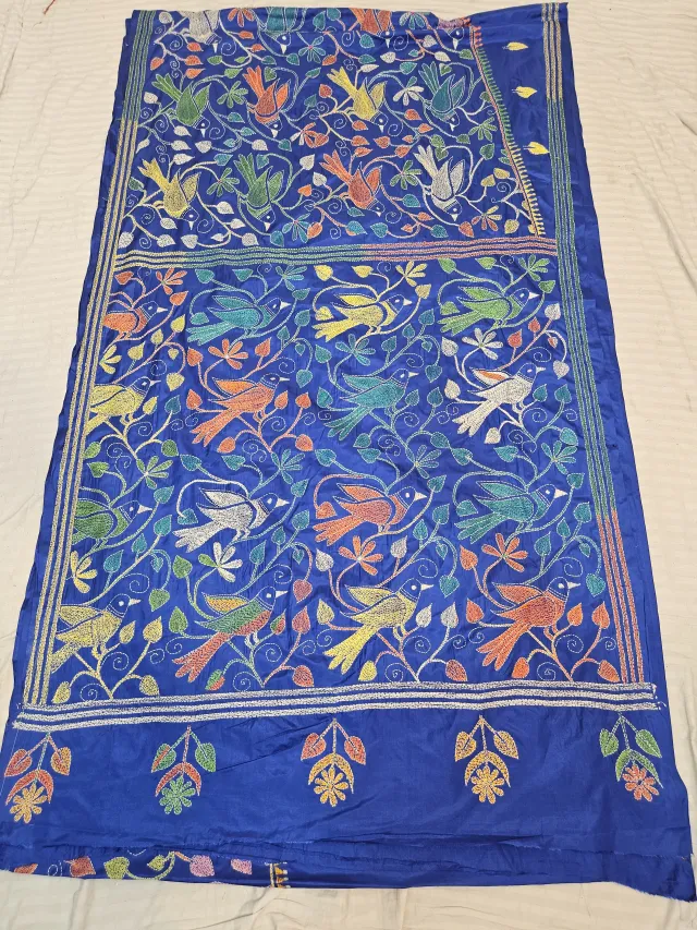 Royal Blue Hand Embroidered Blended Bangalore Silk Saree with Birds on Foliage Jaal Kantha Stitch Aanchal
