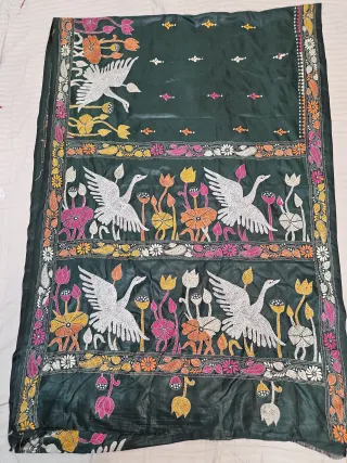 Bottle Green Hand Embroidered Blended Bangalore Silk Saree with Swans & Lotus Pond Kantha Stitch Aanchal