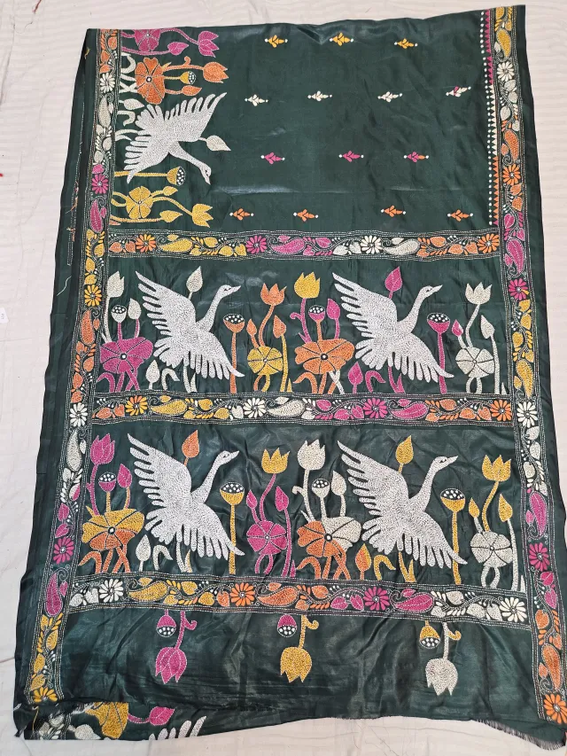 Bottle Green Hand Embroidered Blended Bangalore Silk Saree with Swans & Lotus Pond Kantha Stitch Aanchal