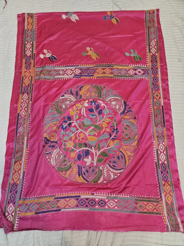 Rani Pink Hand Embroidered Blended Bangalore Silk Saree with Tree of Life & Paisley Mandala Kantha Stitch Aanchal