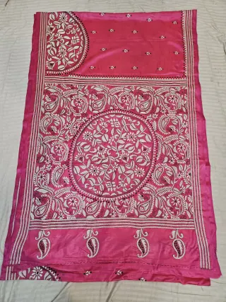Rani Pink Hand Embroidered Blended Bangalore Silk Saree with Floral Mandala & Paisley Kalka Kantha Stitch Aanchal