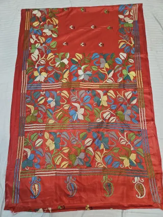 Vibrant Red Hand Embroidered Blended Bangalore Silk Saree with Tiered Botanical Floral & Paisley Kantha Stitch Aanchal