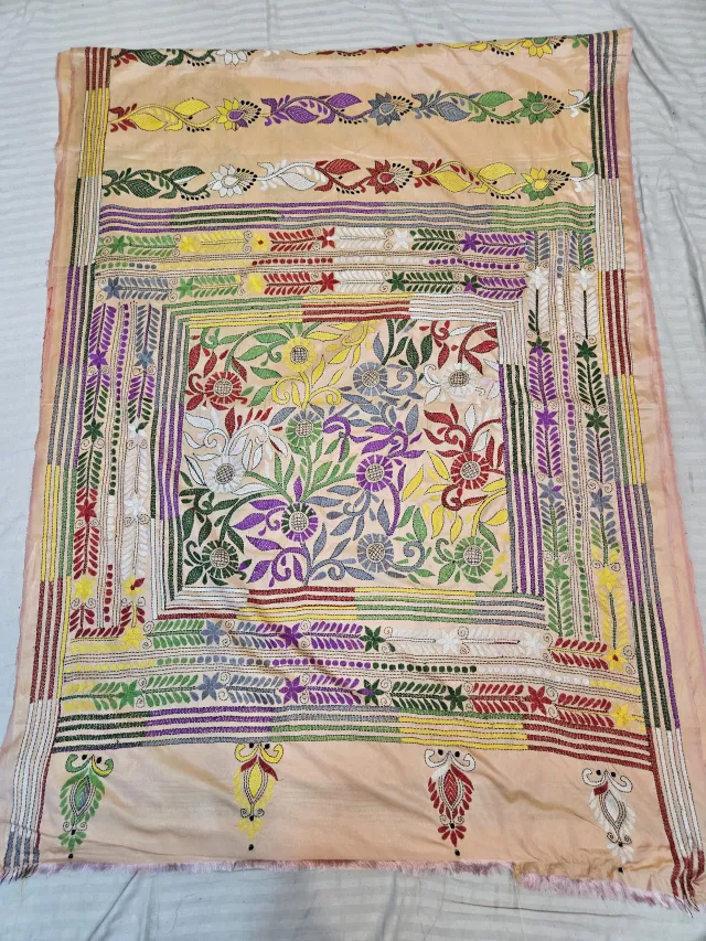 Peach Beige Hand Embroidered Blended Bangalore Silk Saree with Framed Botanical Floral & Kalka Kantha Stitch Aanchal