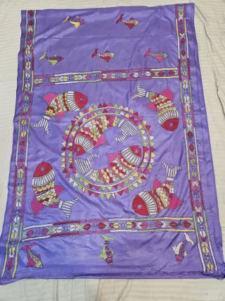 Lavender Purple Hand Embroidered Blended Bangalore Silk Saree with Auspicious Fish Mandala Kantha Stitch Aanchal