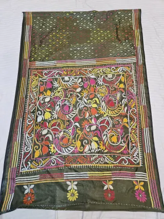 Olive Green Hand Embroidered Blended Bangalore Silk Saree with Paisley Peacock Jaal Kantha Stitch Aanchal