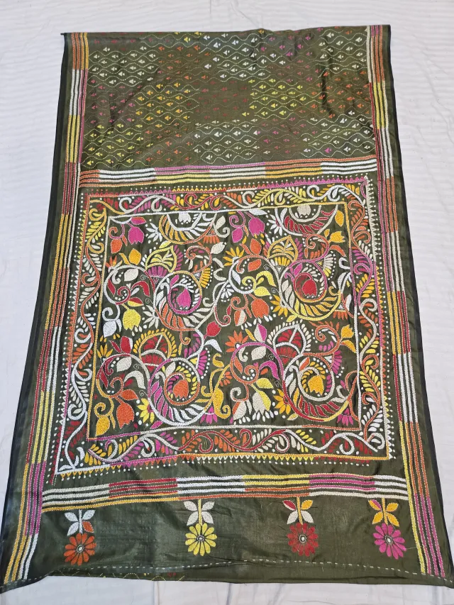 Olive Green Hand Embroidered Blended Bangalore Silk Saree with Paisley Peacock Jaal Kantha Stitch Aanchal