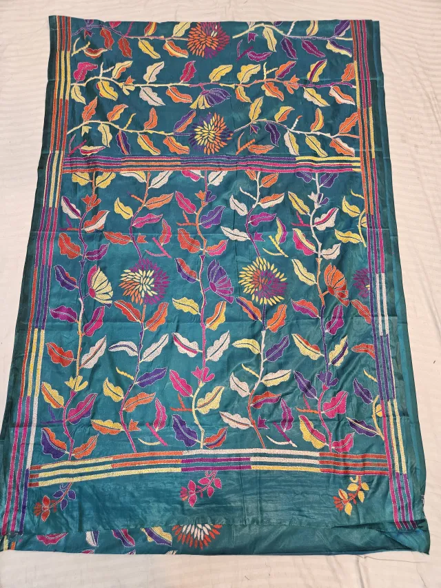 Peacock Teal Hand Embroidered Blended Bangalore Silk Saree with Botanical Dahlia Floral Jaal Kantha Stitch Aanchal