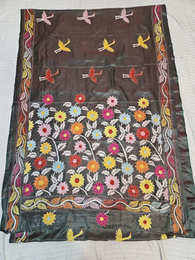 Coffee Brown Hand Embroidered Blended Bangalore Silk Saree with Floral Meadow & Flying Cranes Kantha Stitch Aanchal