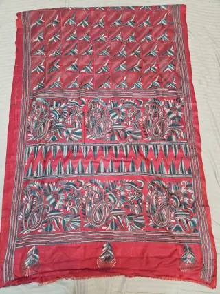 Crimson Red Hand Embroidered Blended Bangalore Silk Saree with Teal Paisley Kalka & Sawtooth Kantha Stitch Aanchal