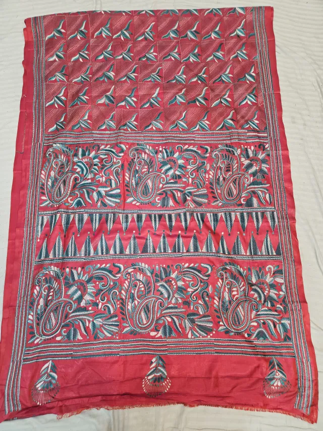 Crimson Red Hand Embroidered Blended Bangalore Silk Saree with Teal Paisley Kalka & Sawtooth Kantha Stitch Aanchal