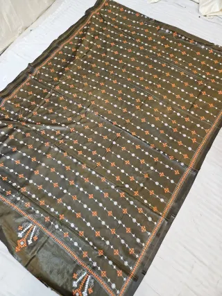 Olive Green Hand Embroidered Saree with Geometric Striped Jaal Gujarati Stitch Aanchal