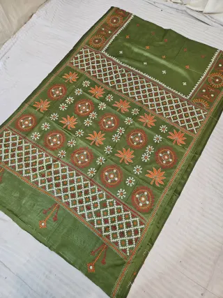 Olive Green Hand Embroidered Saree with Geometric Diamond Jaal & Rosette Gujarati Stitch Aanchal