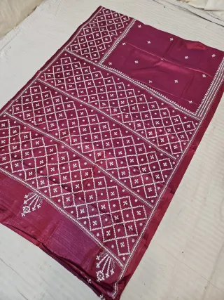 Wine Maroon Hand Embroidered Saree with Diagonal Diamond Jaal Gujarati Stitch Aanchal