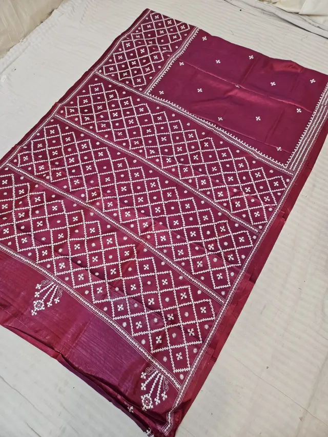 Wine Maroon Hand Embroidered Saree with Diagonal Diamond Jaal Gujarati Stitch Aanchal