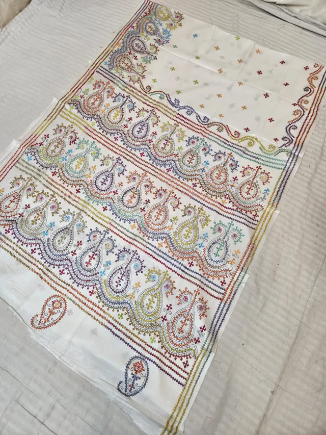 Off-White Hand Embroidered Saree with Multi-Colored Paisley Kalka Gujarati Stitch Aanchal