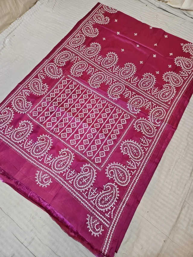 Magenta Pink Hand Embroidered Saree with Paisley Kalka & Diamond Jaal Gujarati Stitch Aanchal