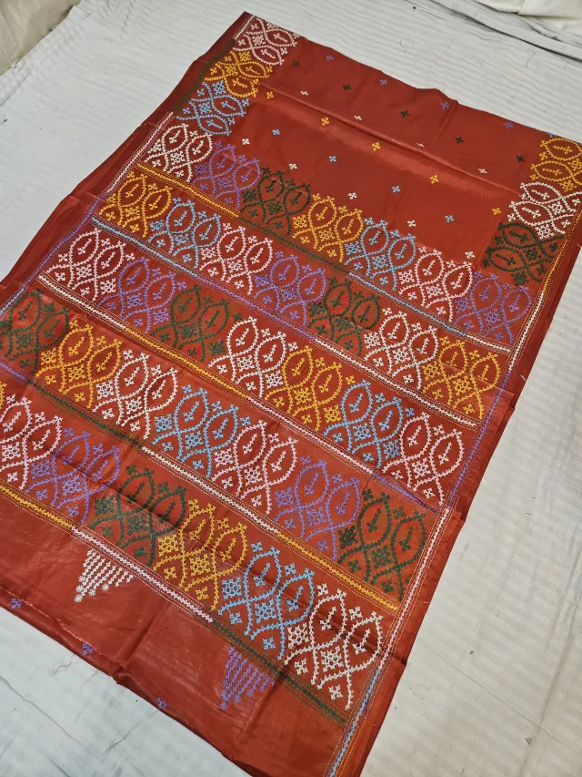Rust Orange Hand Embroidered Saree with Geometric Trellis & Oval Medallion Gujarati Stitch Aanchal