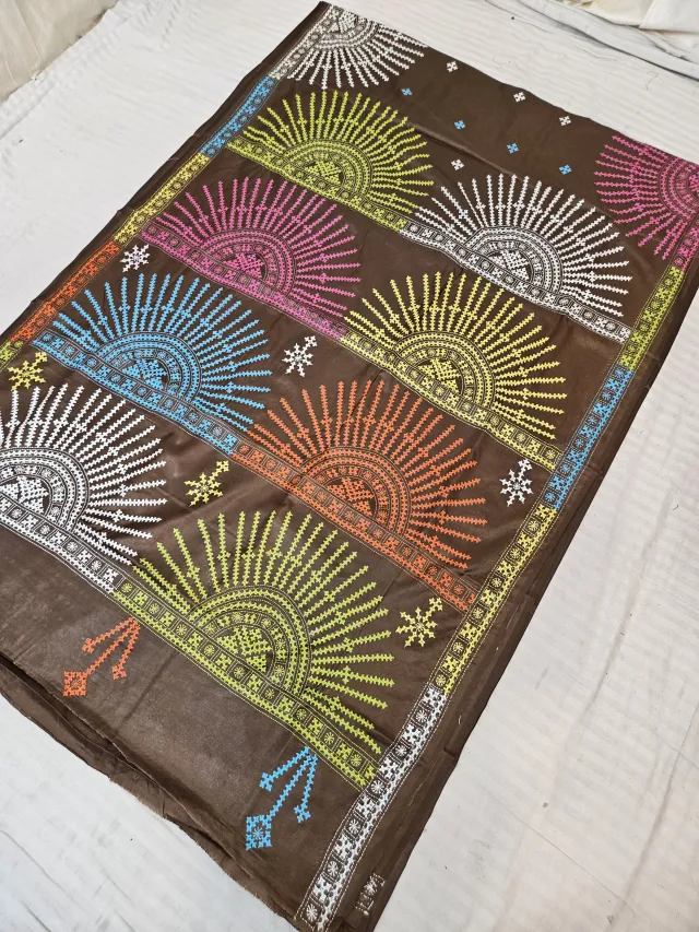 Coffee Brown Hand Embroidered Saree with Sunburst Fan Mandala Gujarati Stitch Aanchal