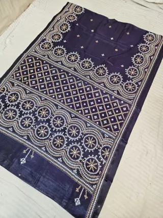 Navy Blue Hand Embroidered Saree with Scalloped Rosette & Diamond Jaal Gujarati Stitch Aanchal