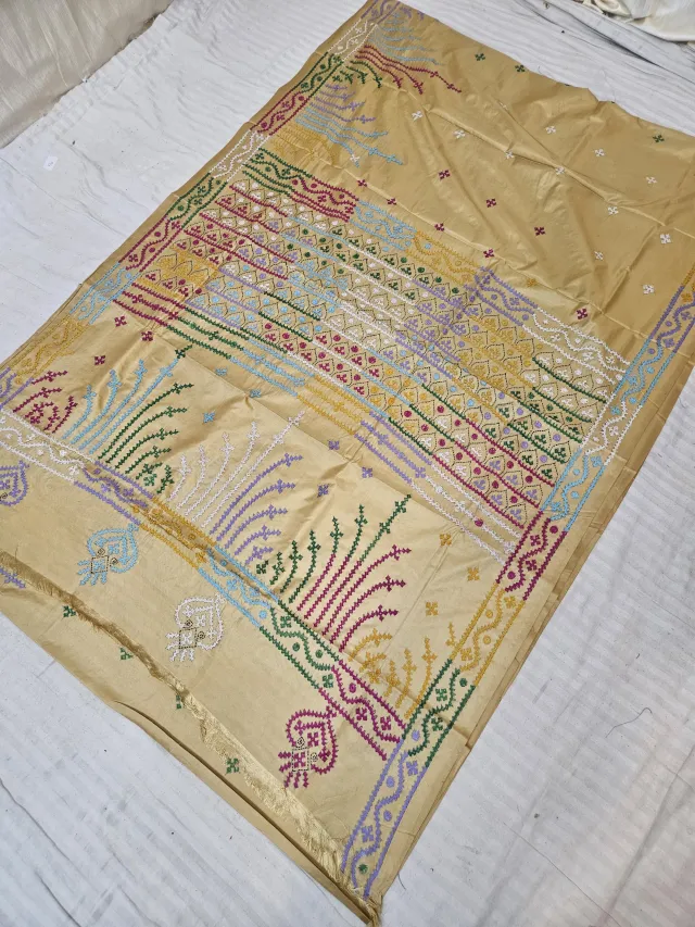 Beige Gold Hand Embroidered Saree with Geometric Chevron & Tree Motif Gujarati Stitch Aanchal