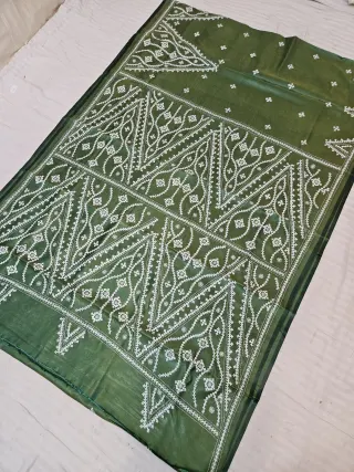 Moss Green Hand Embroidered Saree with Interlocking Chevron & Foliate Gujarati Stitch Aanchal