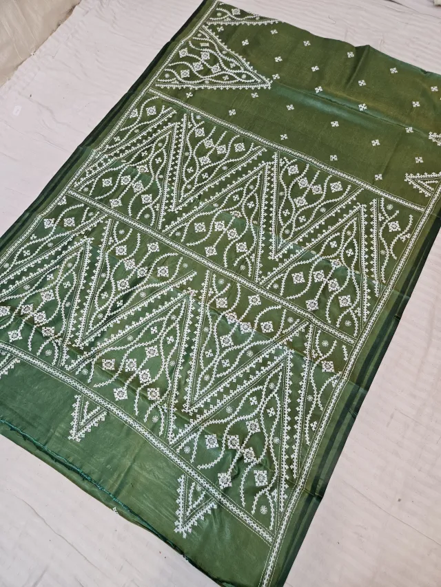 Moss Green Hand Embroidered Saree with Interlocking Chevron & Foliate Gujarati Stitch Aanchal