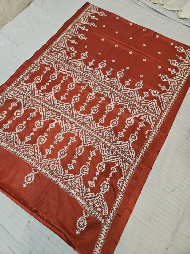 Rust Orange Hand Embroidered Saree with Geometric Chevron & Diamond Jaal Gujarati Stitch Aanchal