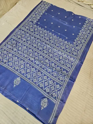 Royal Blue Hand Embroidered Saree with Diagonal Diamond Jaal Gujarati Stitch Aanchal
