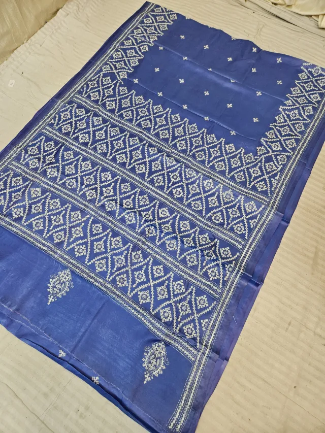 Royal Blue Hand Embroidered Saree with Diagonal Diamond Jaal Gujarati Stitch Aanchal