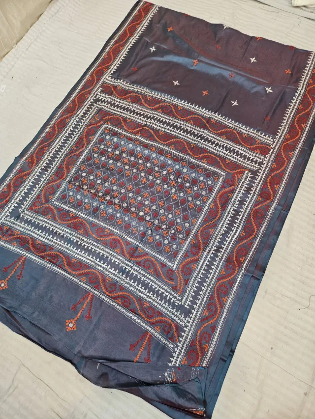 Slate Teal Hand Embroidered Saree with Geometric Trellis & Foliate Gujarati Stitch Aanchal