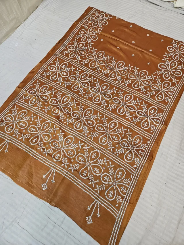 Rust Hand Embroidered Saree with Four-Petal Floral Rosette Gujarati Stitch Aanchal