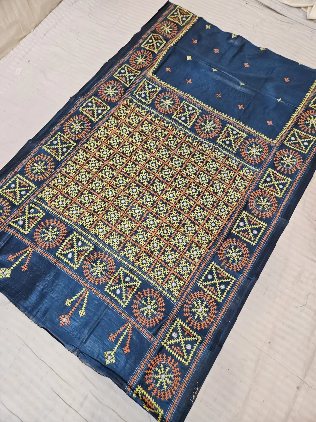Ink Blue Hand Embroidered Saree with Geometric Diamond Jaal & Rosette Gujarati Stitch Aanchal