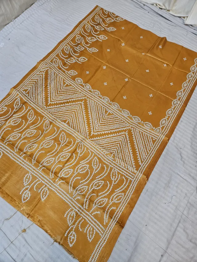 Mustard Yellow Hand Embroidered Saree with Geometric Chevron & Foliate Vine Gujarati Stitch Aanchal