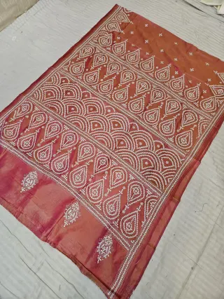 Rust Orange Hand Embroidered Saree with Scalloped Arch & Teardrop Kalka Gujarati Stitch Aanchal