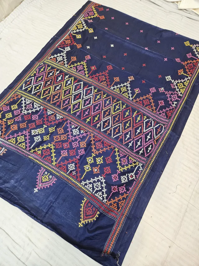 Navy Blue Hand Embroidered Saree with Geometric Chevron & Diamond Jaal Gujarati Stitch Aanchal