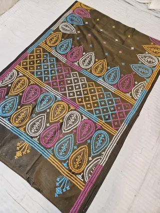 Coffee Brown Hand Embroidered Saree with Teardrop Kalka & Diamond Jaal Gujarati Stitch Aanchal