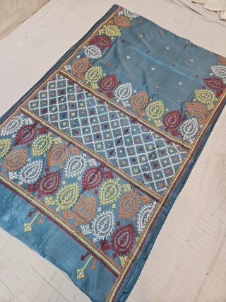 Steel Blue Hand Embroidered Saree with Teardrop Kalka & Diamond Jaal Gujarati Stitch Aanchal