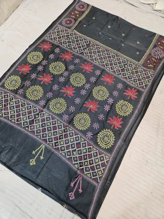 Jet Black Hand Embroidered Saree with Lotus Blossom & Sunburst Chakra Gujarati Stitch Aanchal
