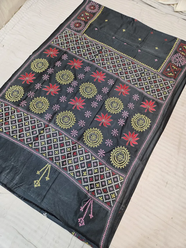 Jet Black Hand Embroidered Saree with Lotus Blossom & Sunburst Chakra Gujarati Stitch Aanchal