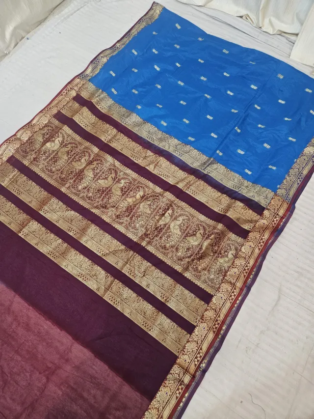 Sky Blue Soft Silk Saree with Contrast Wine Peacock Motif Zari Pallu