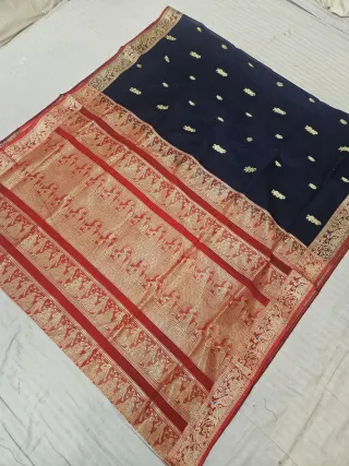 Midnight Black Soft Silk Saree with Contrast Red Royal Elephant Zari Pallu