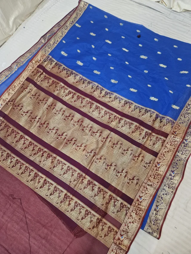 Royal Blue Soft Silk Madurai Replica Saree with Contrast Maroon Wine Royal Elephant Zari Pallu